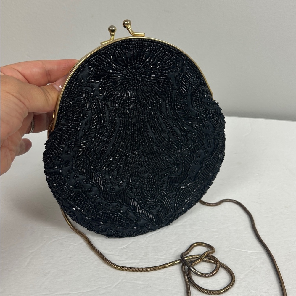 Vintage Black Silk Beaded Kiss Lock Clutch Purse - Picture 12 of 12